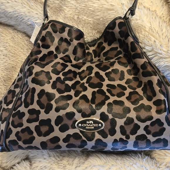 COACH Large Edie Ocelot Leopard Print Haircalf Leather Shoulder Bag 33605 $1200 - Picture 8 of 10